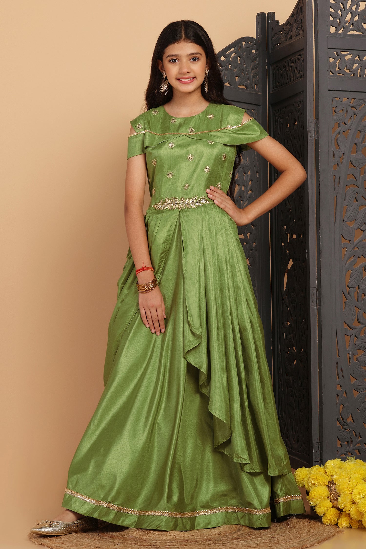 Buy online Green Satin Fit & Flare Gown from ethnic wear for Women by  Pavaishna Fashion for ₹470 at 76% off | 2024 Limeroad.com